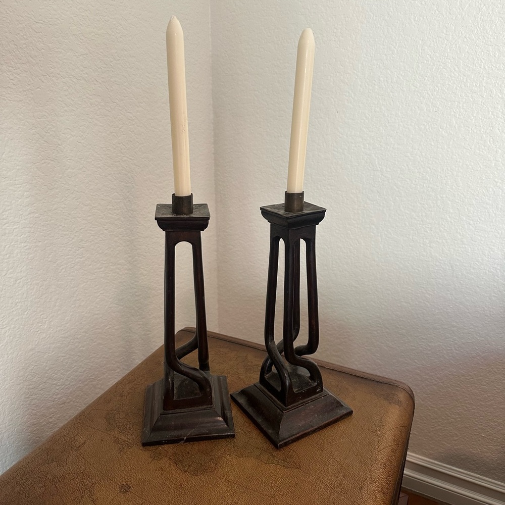 Tall Arts and crafts carved mahogany Candle Holders
With brass wax catcher